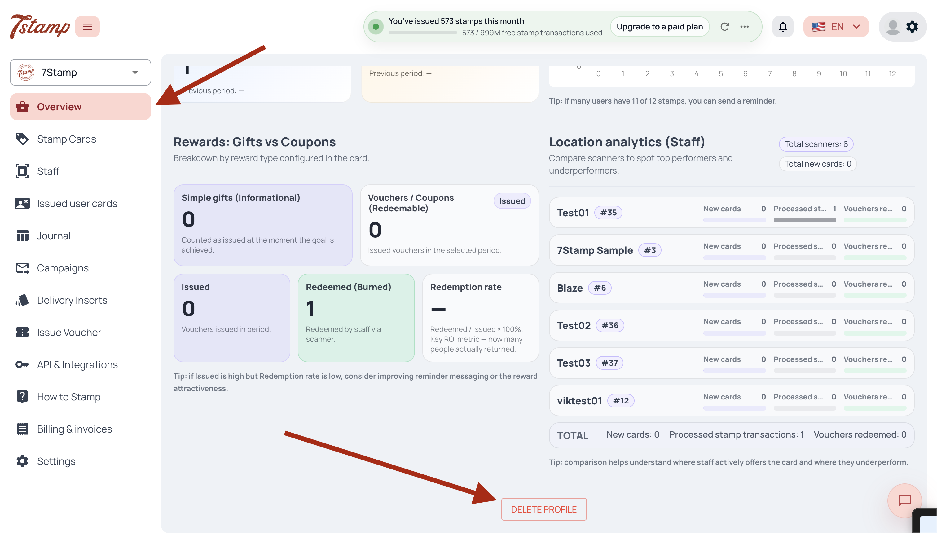7stamp admin Overview page with the Delete Profile button highlighted at the bottom.