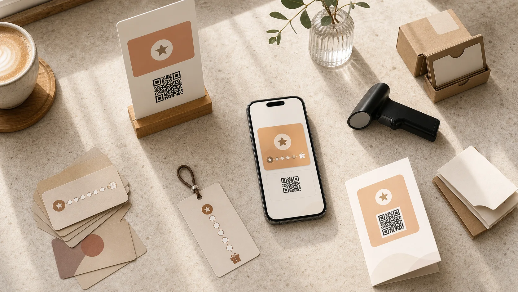 Generic POS checkout scene with a printed QR receipt and loyalty card shown on a phone