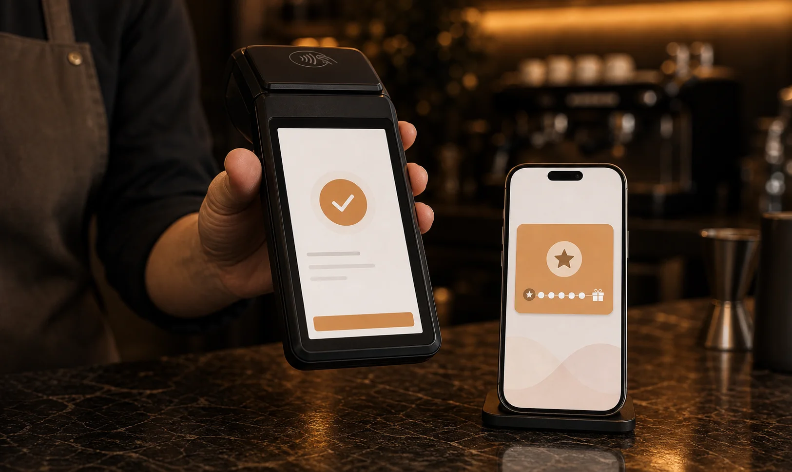 Serve POS style checkout scene with a wallet loyalty card shown on a phone beside the terminal