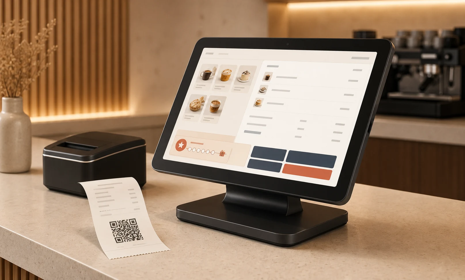 Stylized Poster POS checkout scene with a loyalty reward state and a printed receipt QR