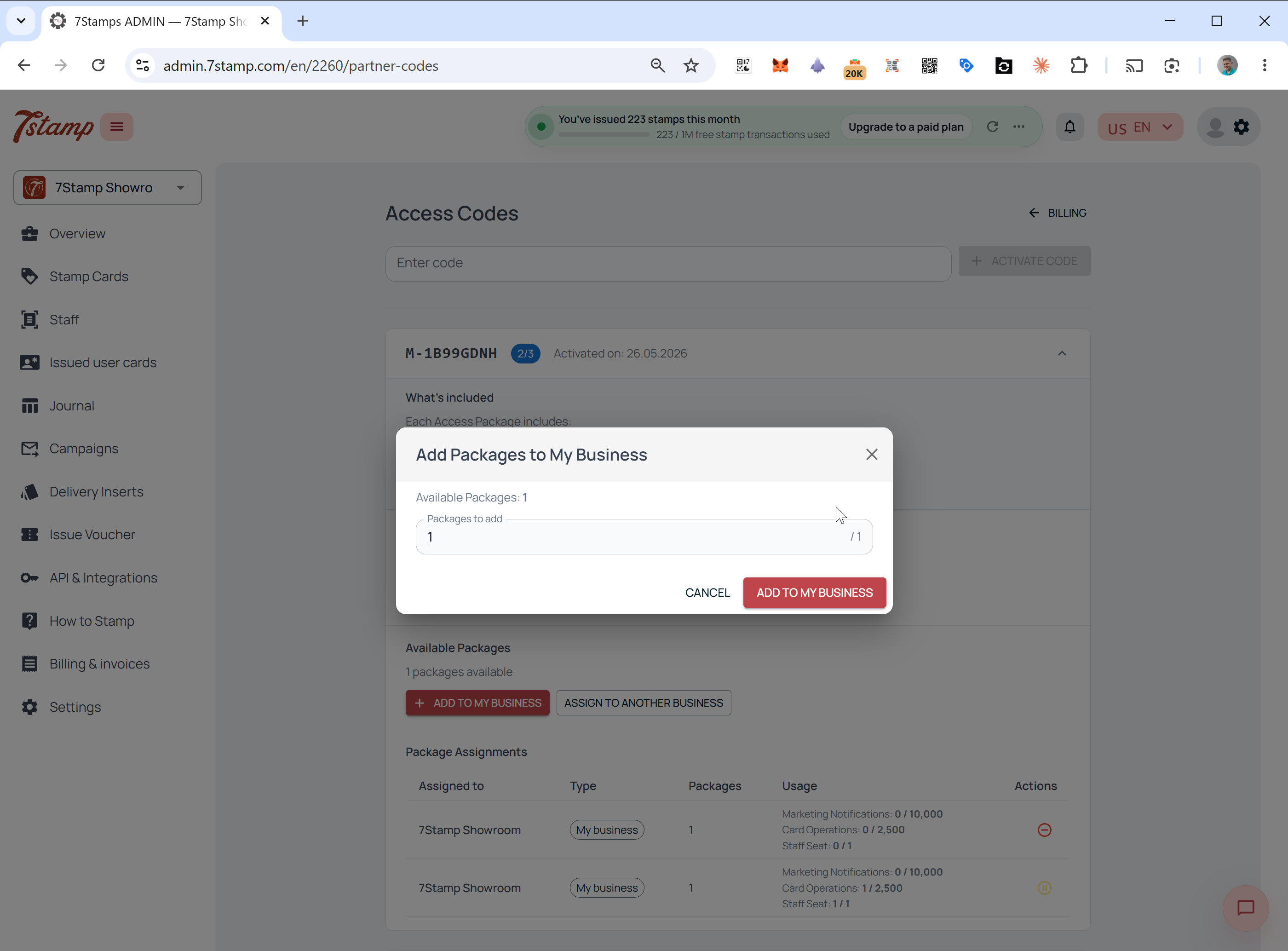 Add Packages to My Business dialog selecting how many packages to assign