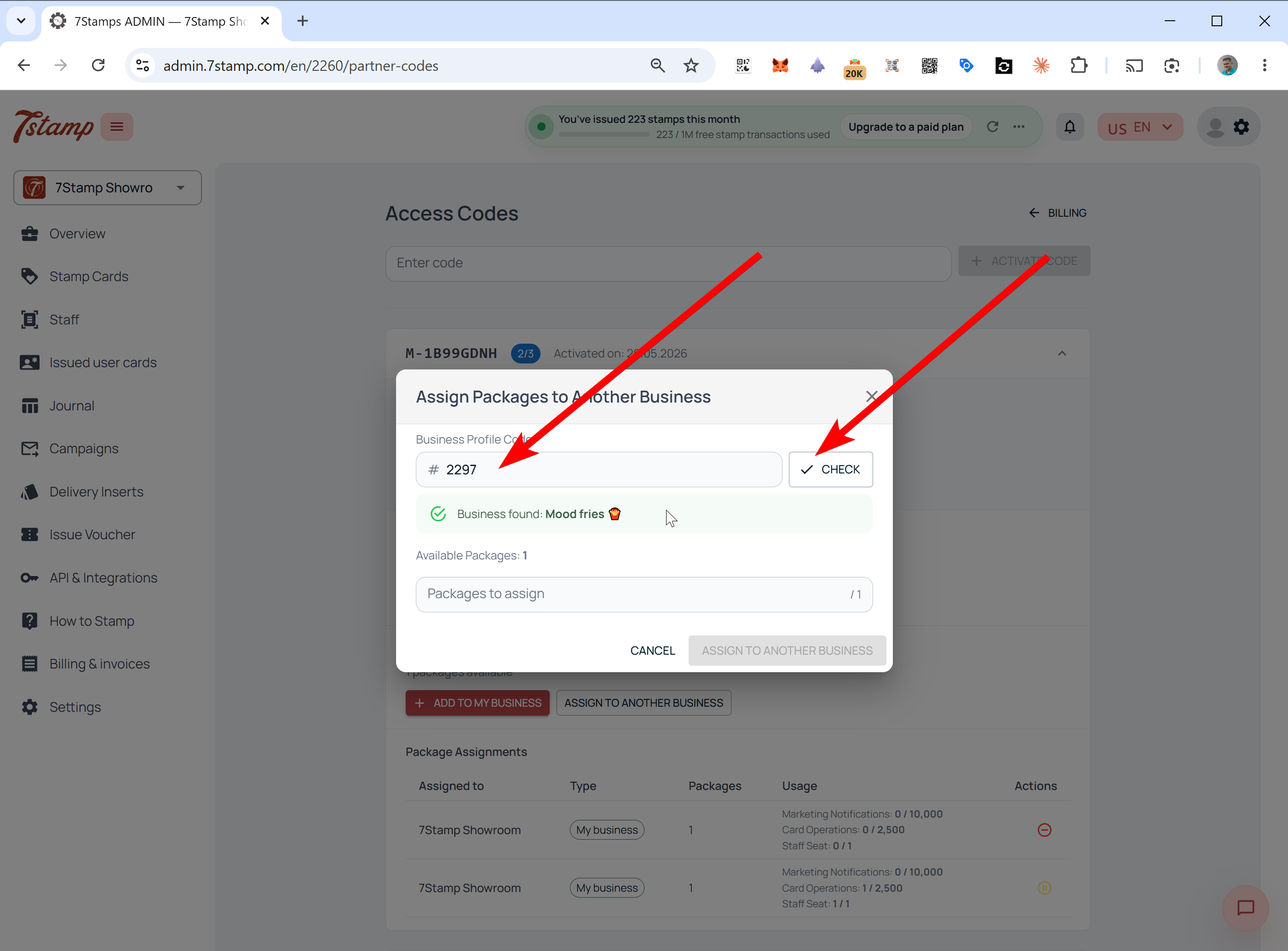 Assign Packages to Another Business dialog with Business Profile Code checked and business found