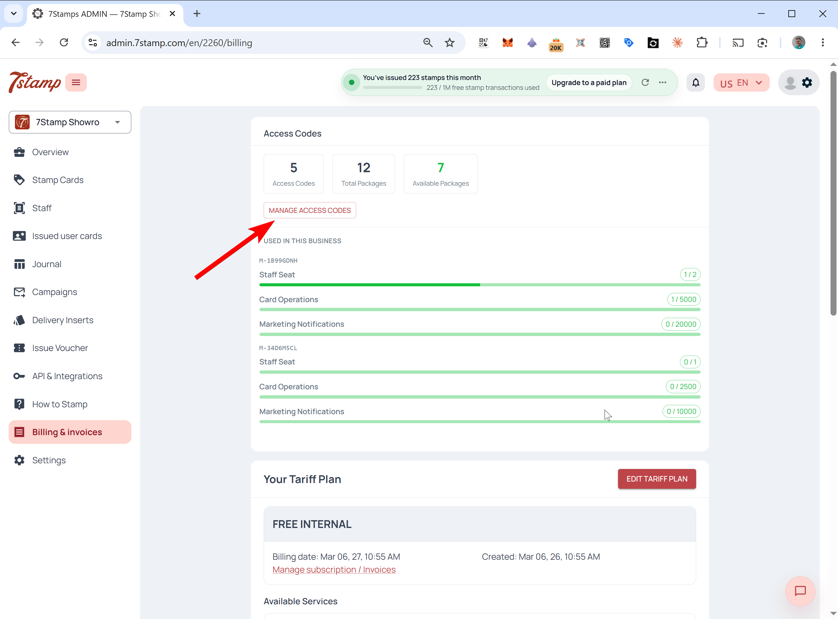 Billing screen Access Codes summary with the Manage Access Codes button highlighted